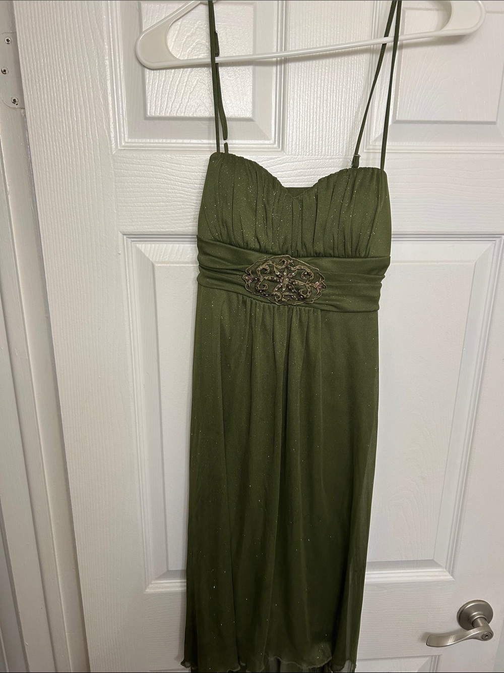 Speechless Olive Green Spaghetti-Strap Midi Dress with Beaded Applique